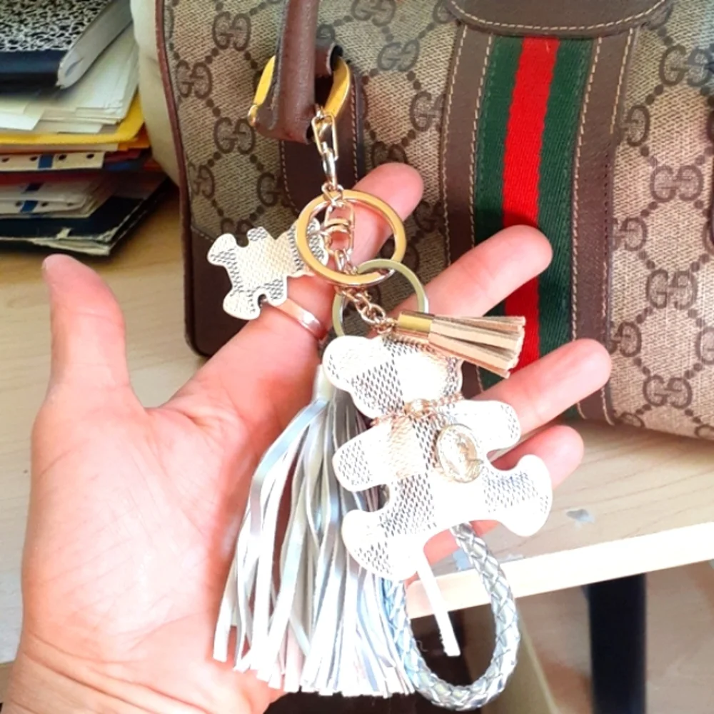 Bag Charm Keychain TEDDY BEAR Damier Azur Handmade with‎ Charms & Tassel
